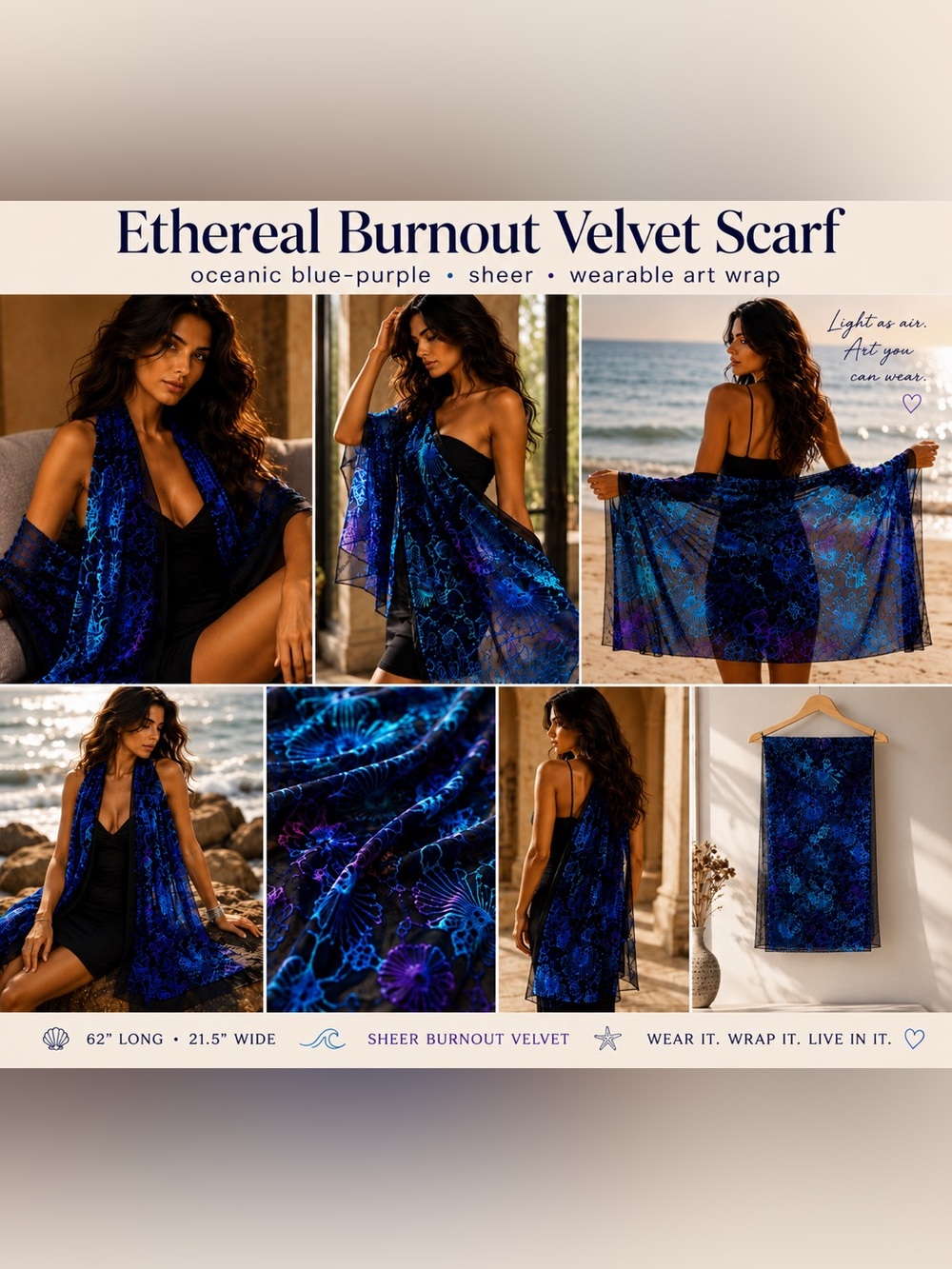 Ethereal Burnout Velvet Scarf Oceanic Blue Purple Sheer Wearable Art Wrap 62”